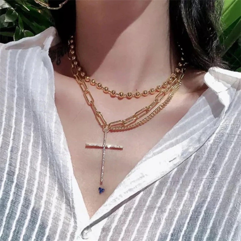 Sparkling Multi Strand Thin Cross Necklace, Large Thin Cross Necklace